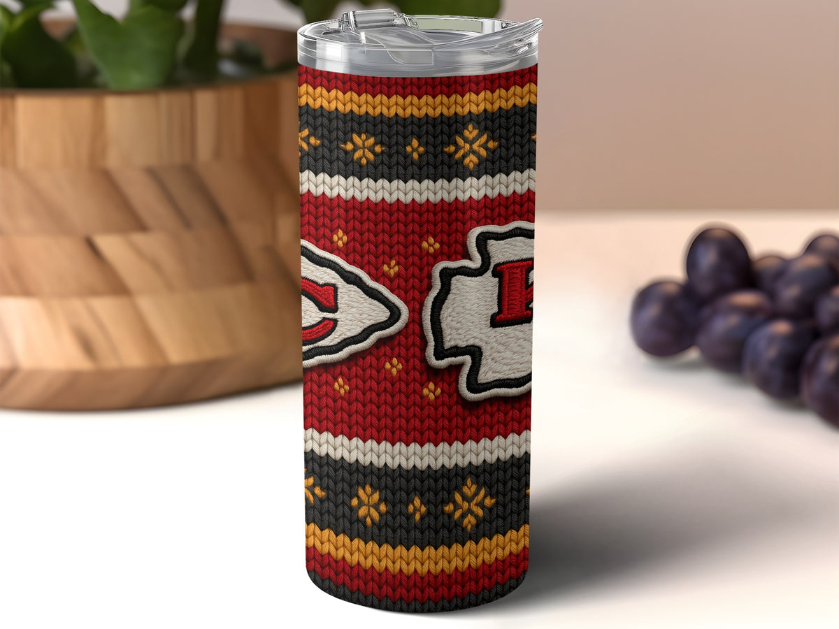 Kansas City Chiefs tumbler with red, black, white, and gold knitted pattern and logos.