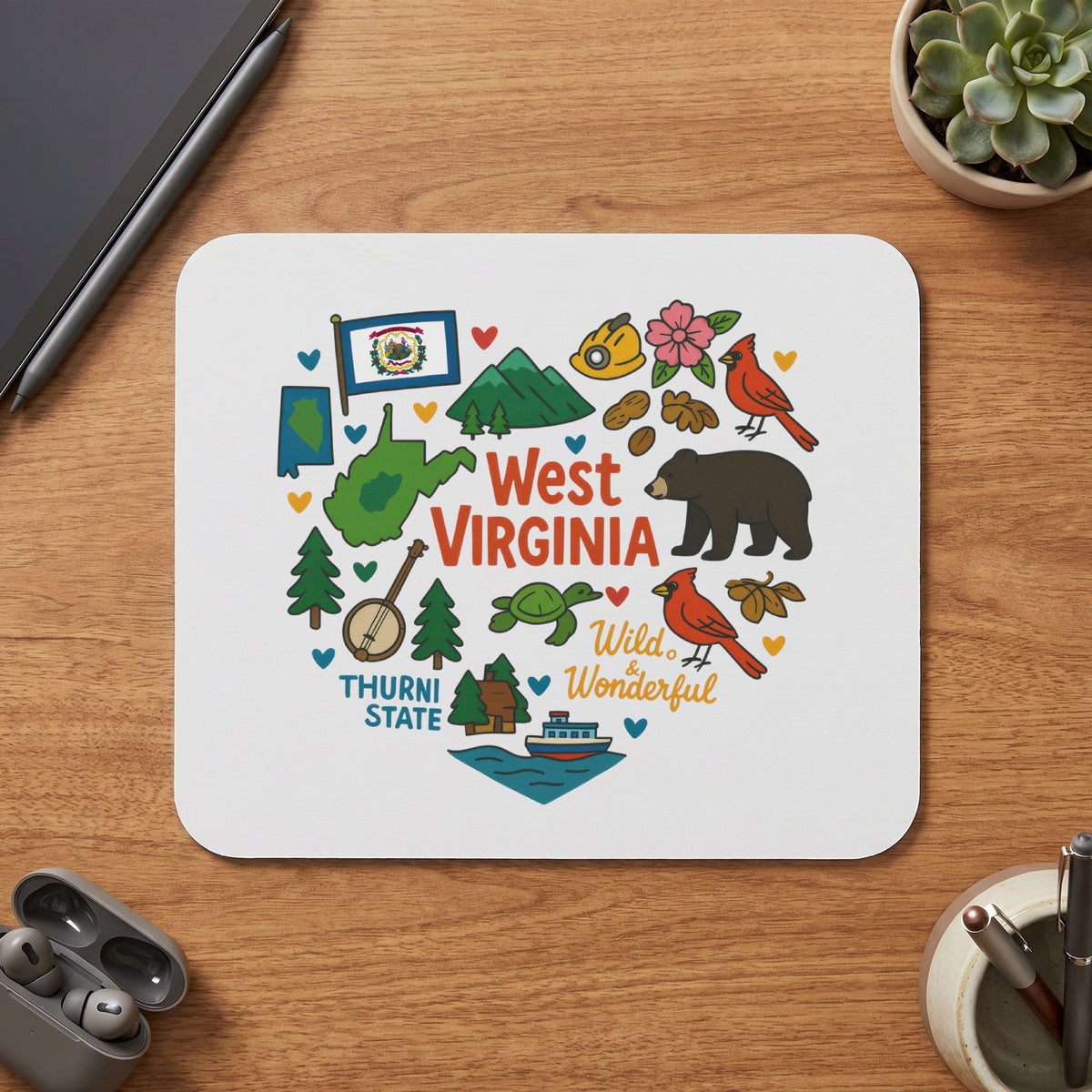 West Virginia "Wild & Wonderful" graphic with state map, flag, bear, and cardinals.