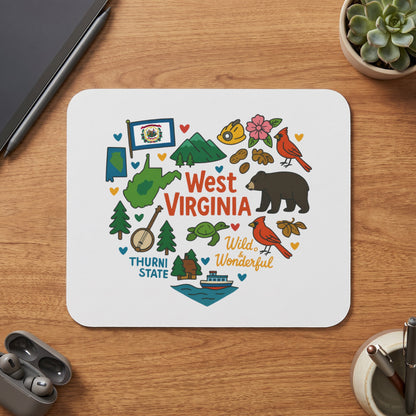 West Virginia "Wild & Wonderful" graphic with state map, flag, bear, and cardinals.