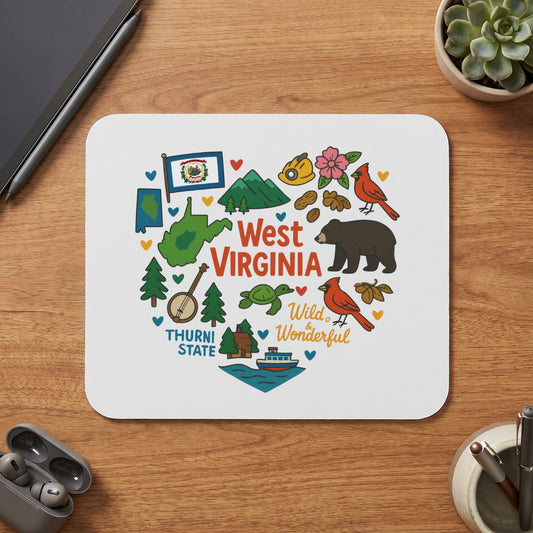 West Virginia "Wild & Wonderful" graphic with state map, flag, bear, and cardinals.