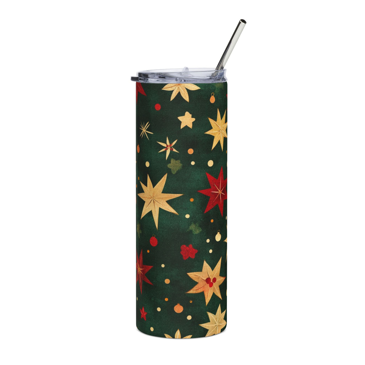 Green tumbler with gold and red star pattern and silver straw.