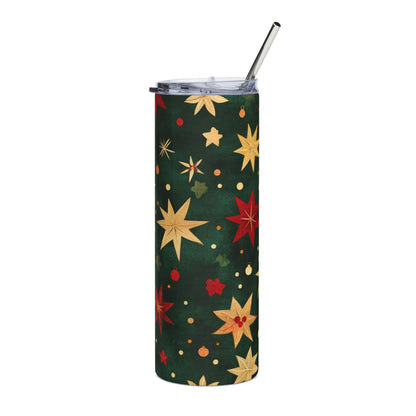 Green tumbler with gold and red star pattern and silver straw.