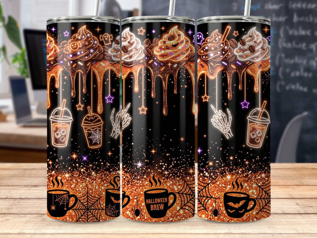 Halloween themed tumbler with dripping coffee, ghosts, skeletons, and spiderwebs.