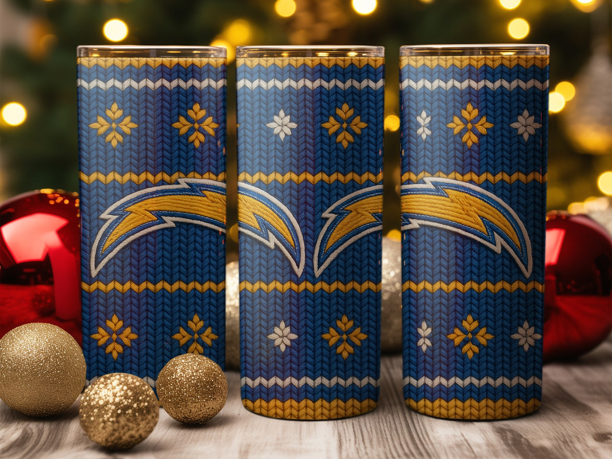 Three tumblers with blue, yellow, and white knit pattern and Chargers logo.