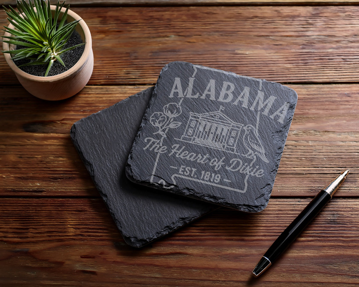 Slate coaster engraved with "ALABAMA The Heart of Dixie - EST. 1819".