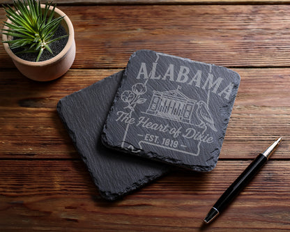 Slate coaster engraved with "ALABAMA The Heart of Dixie - EST. 1819".