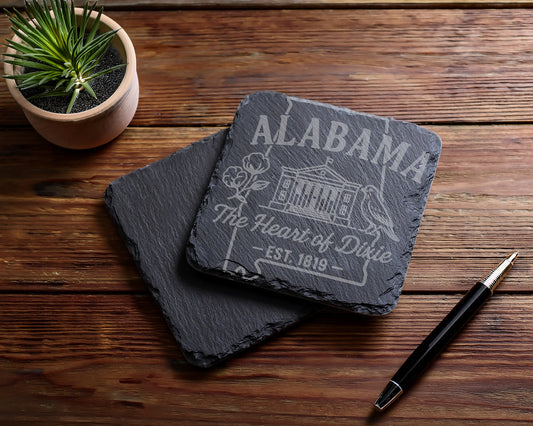 Slate coaster engraved with "ALABAMA The Heart of Dixie - EST. 1819".