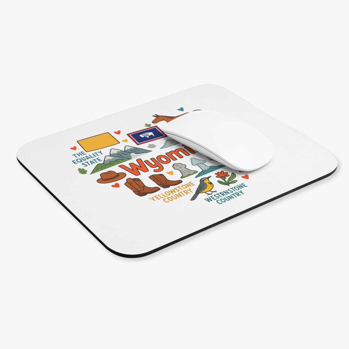 Wyoming themed mousepad with cowboy boots, mountains, and state symbols.