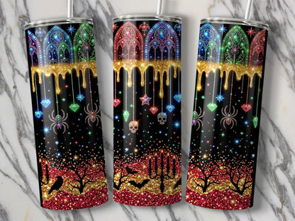 Three tumblers with gothic stained-glass patterns, dripping gold, spiders, skulls, and crows.