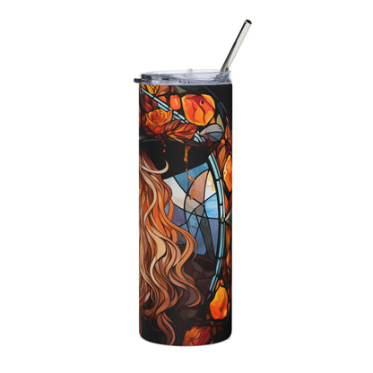 Tumbler with a stained-glass design featuring a woman with long, flowing red hair.