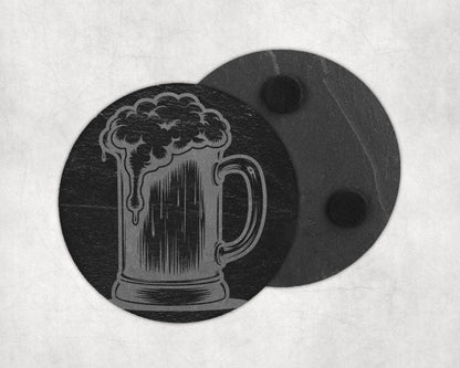 Slate coaster with engraved beer mug design and two black foam feet.