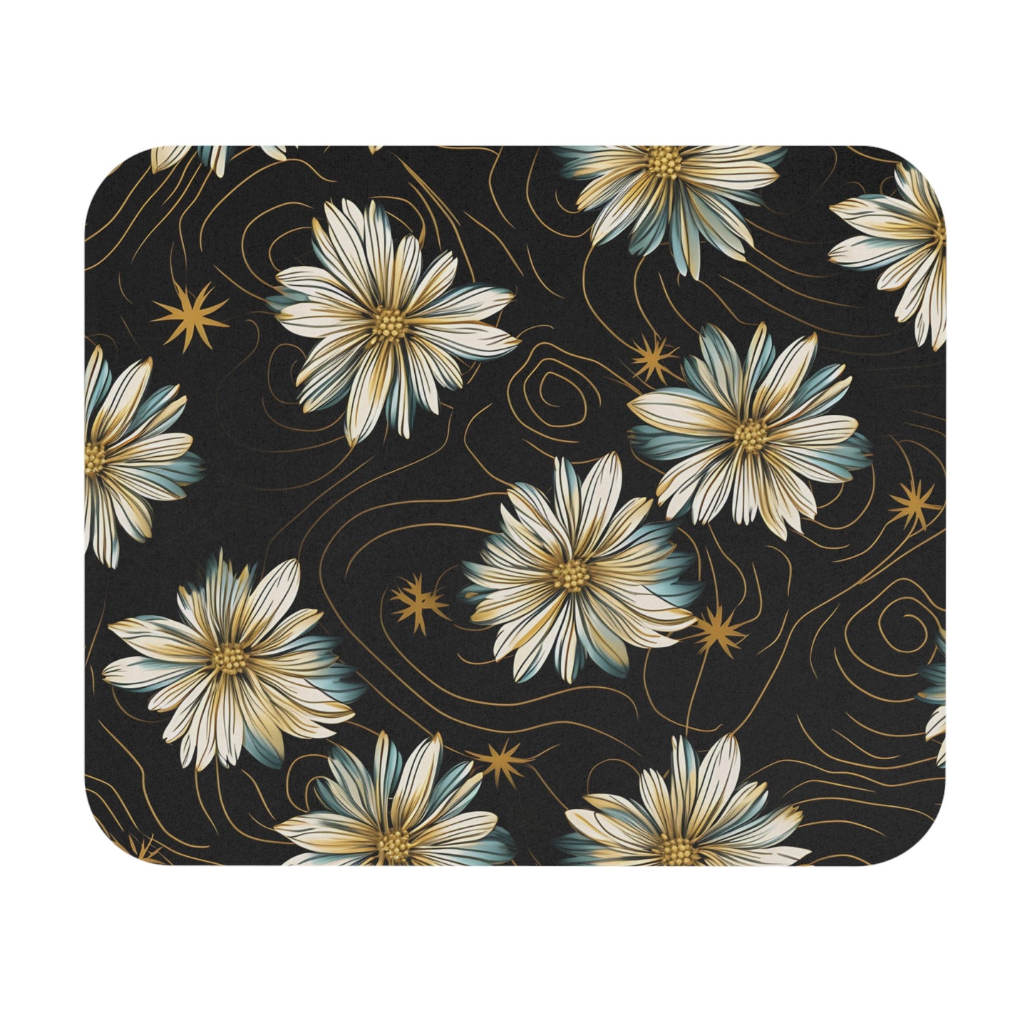 Dark background with repeating pattern of white and blue flowers and gold swirls.