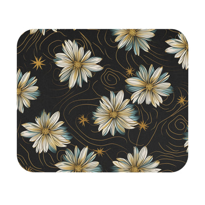 Dark background with repeating pattern of white and blue flowers and gold swirls.