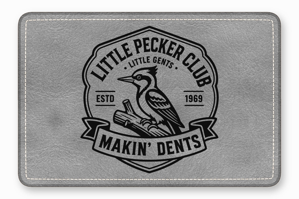 Gray leather patch featuring a black vintage logo of a woodpecker, text, and banner.