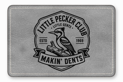 Gray leather patch featuring a black vintage logo of a woodpecker, text, and banner.