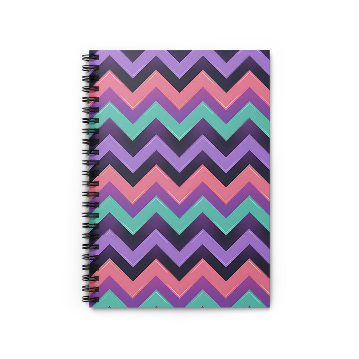 Spiral notebook with a purple, teal, pink, and dark grey chevron pattern.