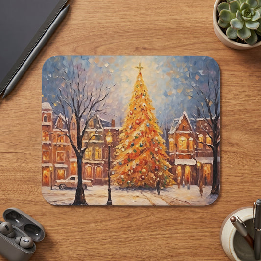 Oil painting of a decorated Christmas tree in a snowy village square.