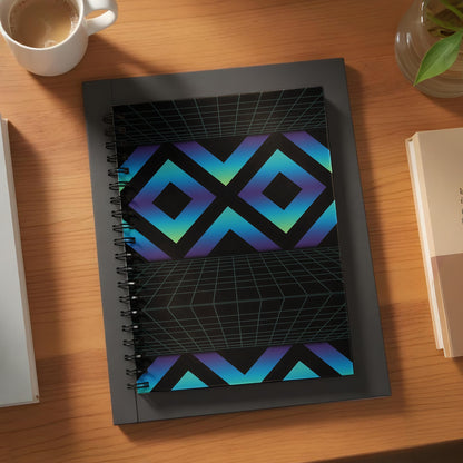 Spiral notebook with black cover featuring a geometric neon gradient pattern.