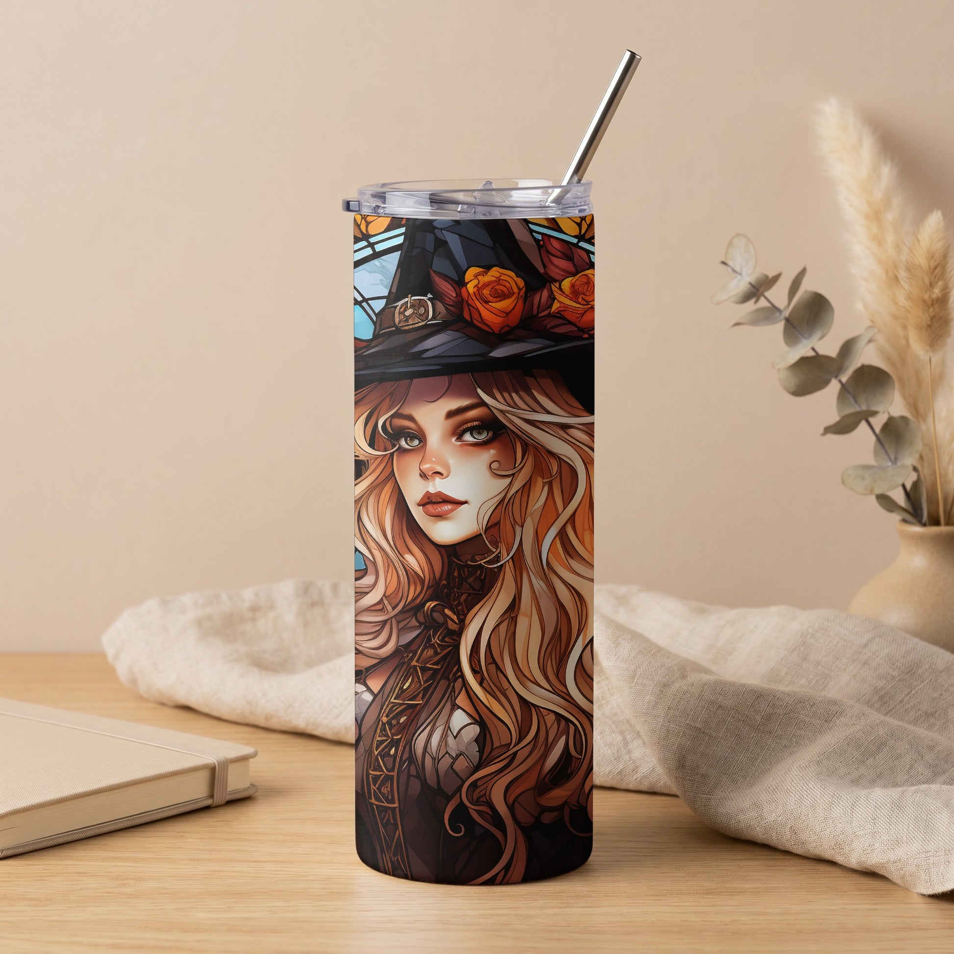 Tall tumbler with stained glass witch and roses illustration.