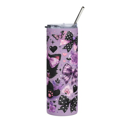 Purple tumbler with black cat, bows, butterflies, flowers, and hearts design.