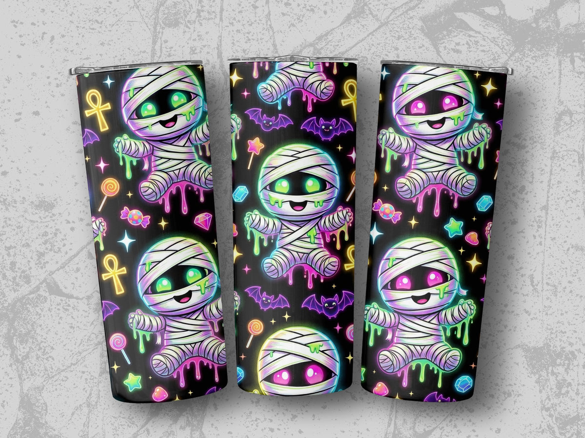 Cute mummy characters with candy, bats, and ankhs on a black background.