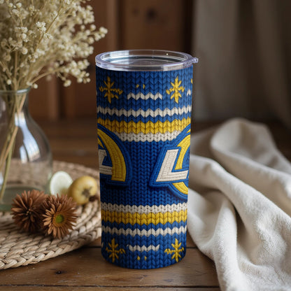 Los Angeles Rams logo on blue knit tumbler with snowflake accents.