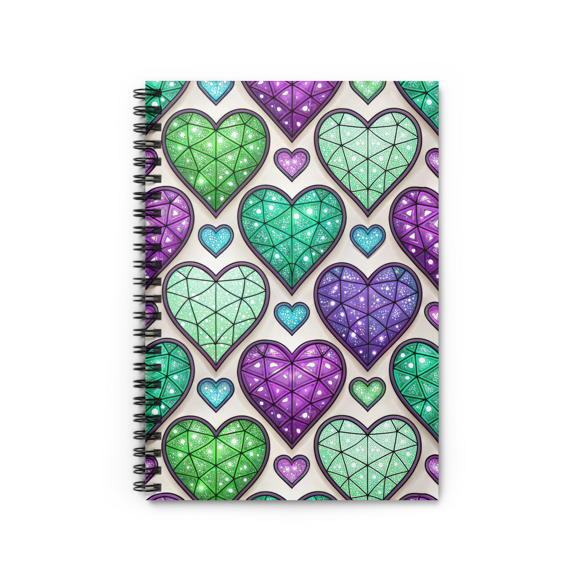Spiral bound notebook with a pattern of colorful, faceted heart shapes.