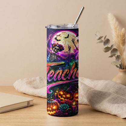 Tumbler with Halloween skeletons, pumpkins, and the word "Teacher"