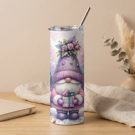 Purple gnome with gifts on a tumbler, wearing a floral hat and pink coat.