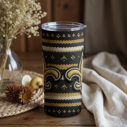 New Orleans Saints tumbler with knit pattern and fleur-de-lis emblem.