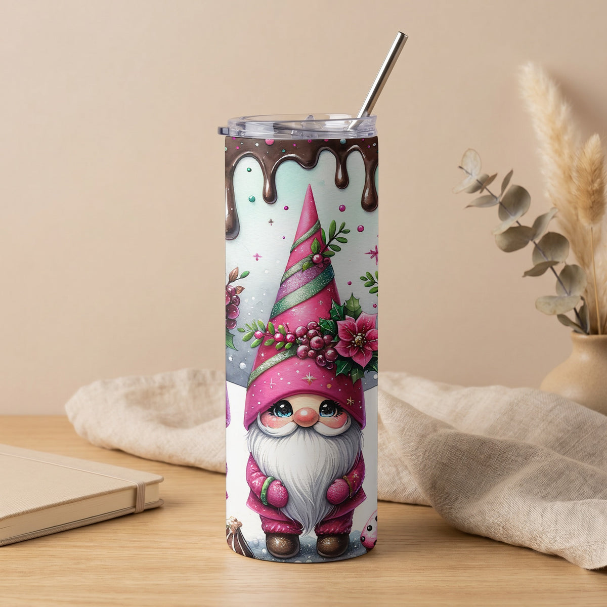 Tumbler with a festive gnome illustration and dripping chocolate design.