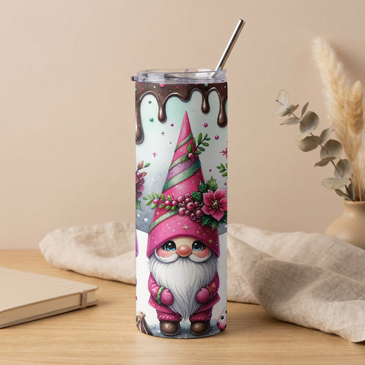 Tumbler with a festive gnome illustration and dripping chocolate design.