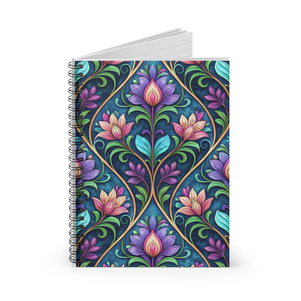 Spiral bound notebook with ornate floral pattern in blues, purples, and pinks.