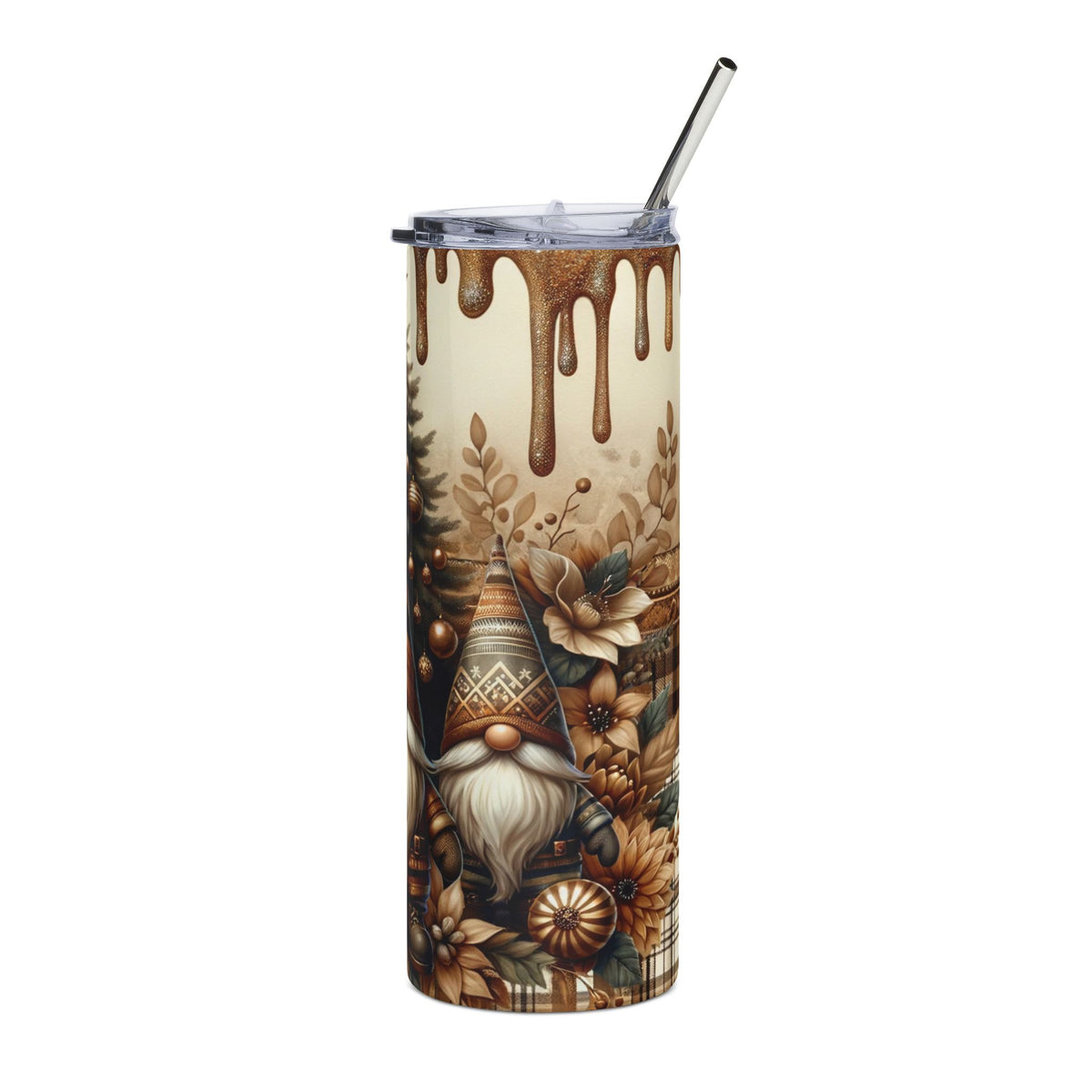 Gnome and floral patterned tumbler with glittery drip design and metal straw.
