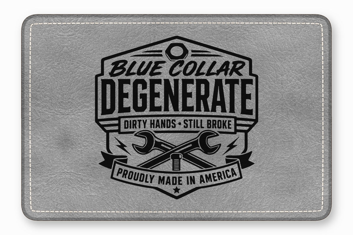 A rectangular gray leather patch features a black emblem with crossed wrenches and text reading BLUE COLLAR DEGENERATE.