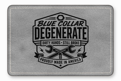 A rectangular gray leather patch features a black emblem with crossed wrenches and text reading BLUE COLLAR DEGENERATE.