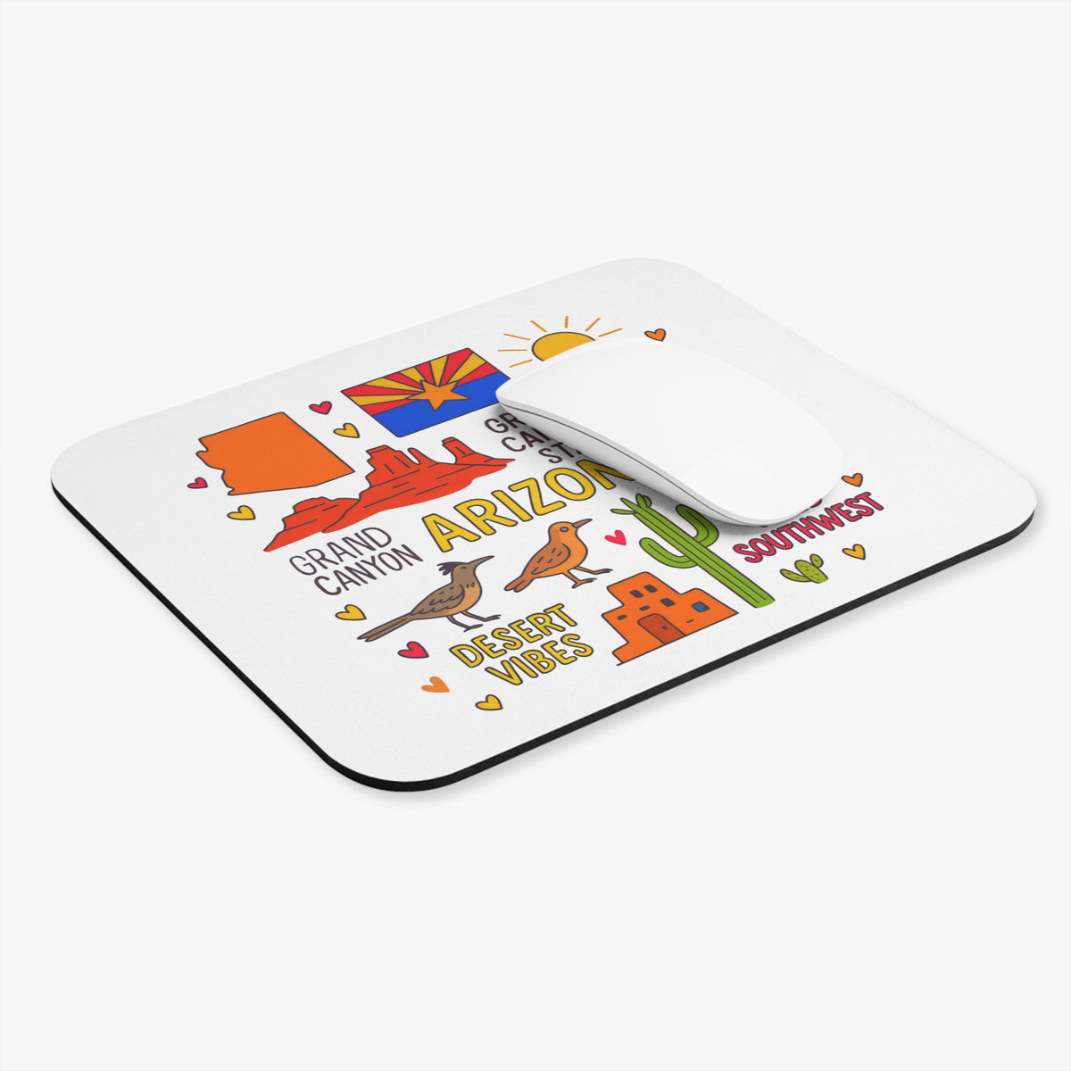 Mousepad with cartoon Arizona landmarks, sun, cacti, and desert animals.