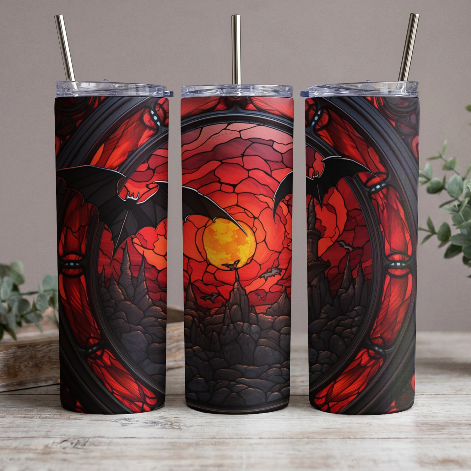Tumblers with a gothic stained-glass design featuring bats and a moonlit castle.
