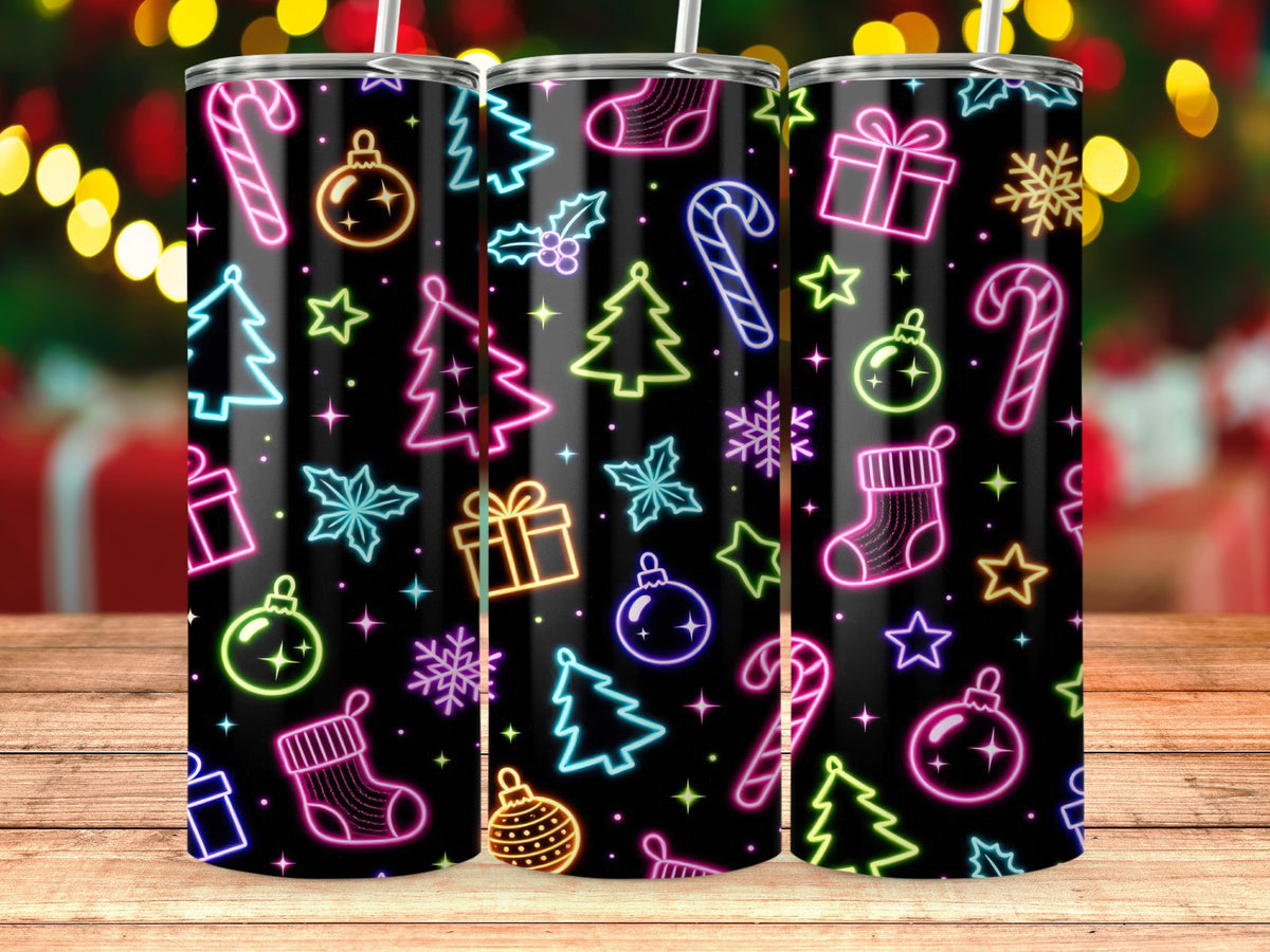 Three tumblers with a black background and colorful neon Christmas icons.