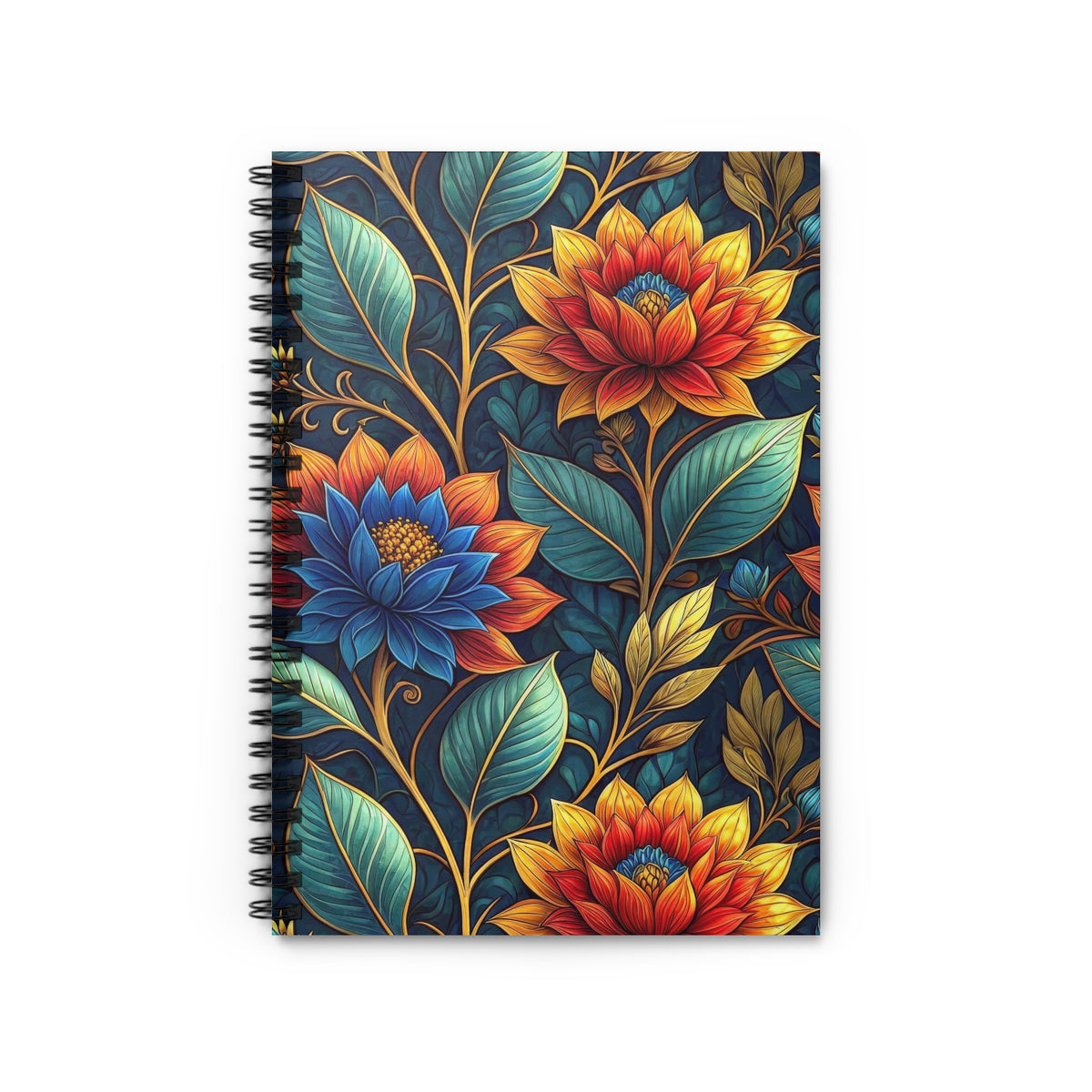 Spiral bound notebook with ornate blue, orange, and yellow floral pattern.