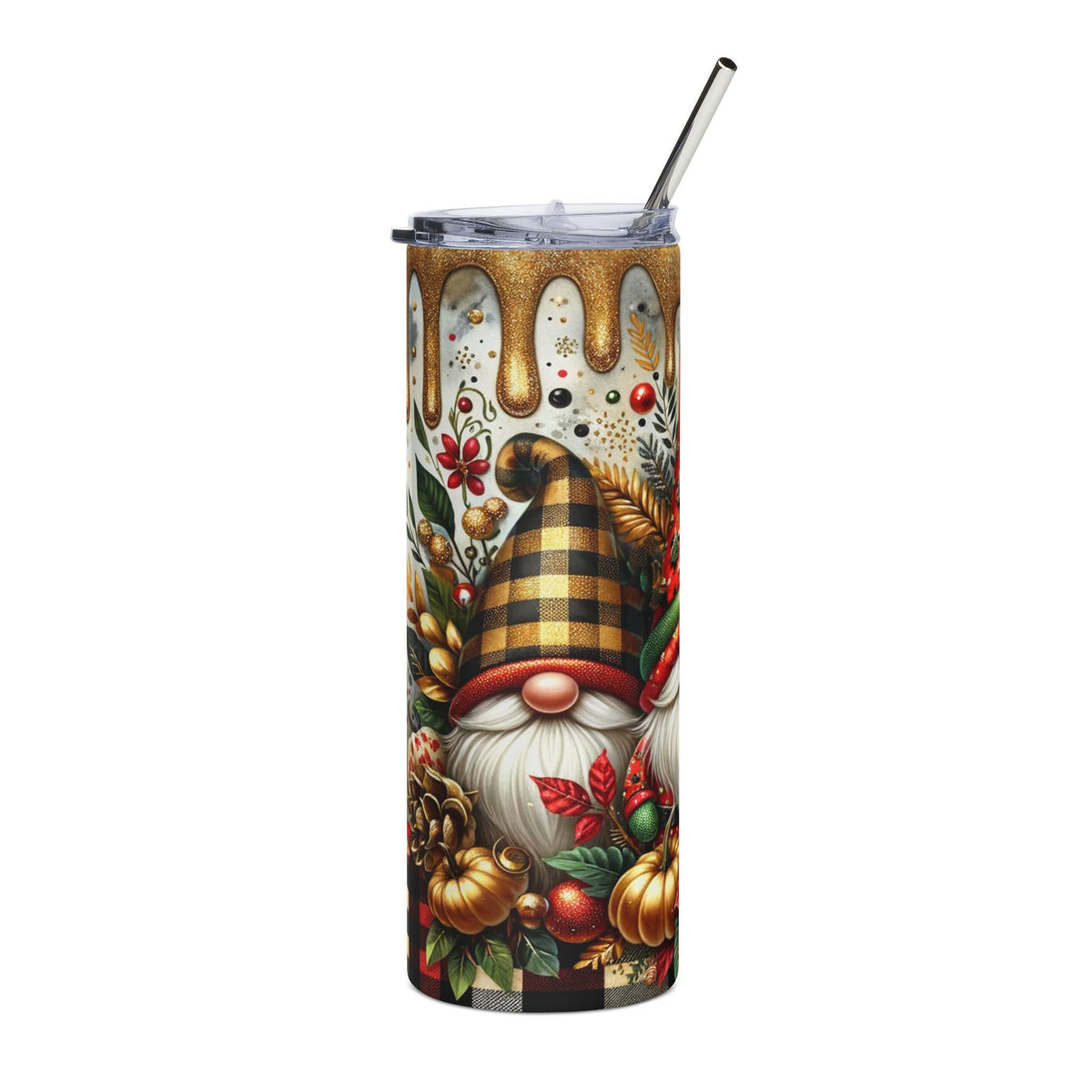 Tumbler with a gnome and fall harvest pattern, gold drips, and a metal straw.