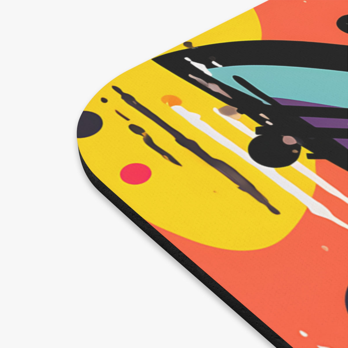Abstract art mousepad with yellow, orange, black, and teal shapes and splatters.