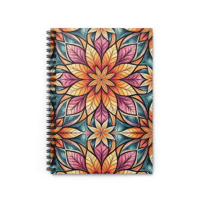 Spiral-bound notebook with colorful floral mandala pattern on cover.