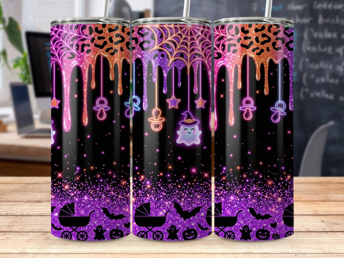Three tumblers with Halloween-themed drips, pacifiers, and baby strollers.