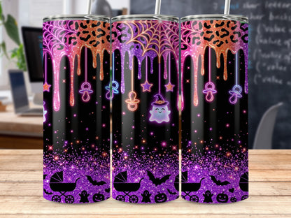 Three tumblers with Halloween-themed drips, pacifiers, and baby strollers.