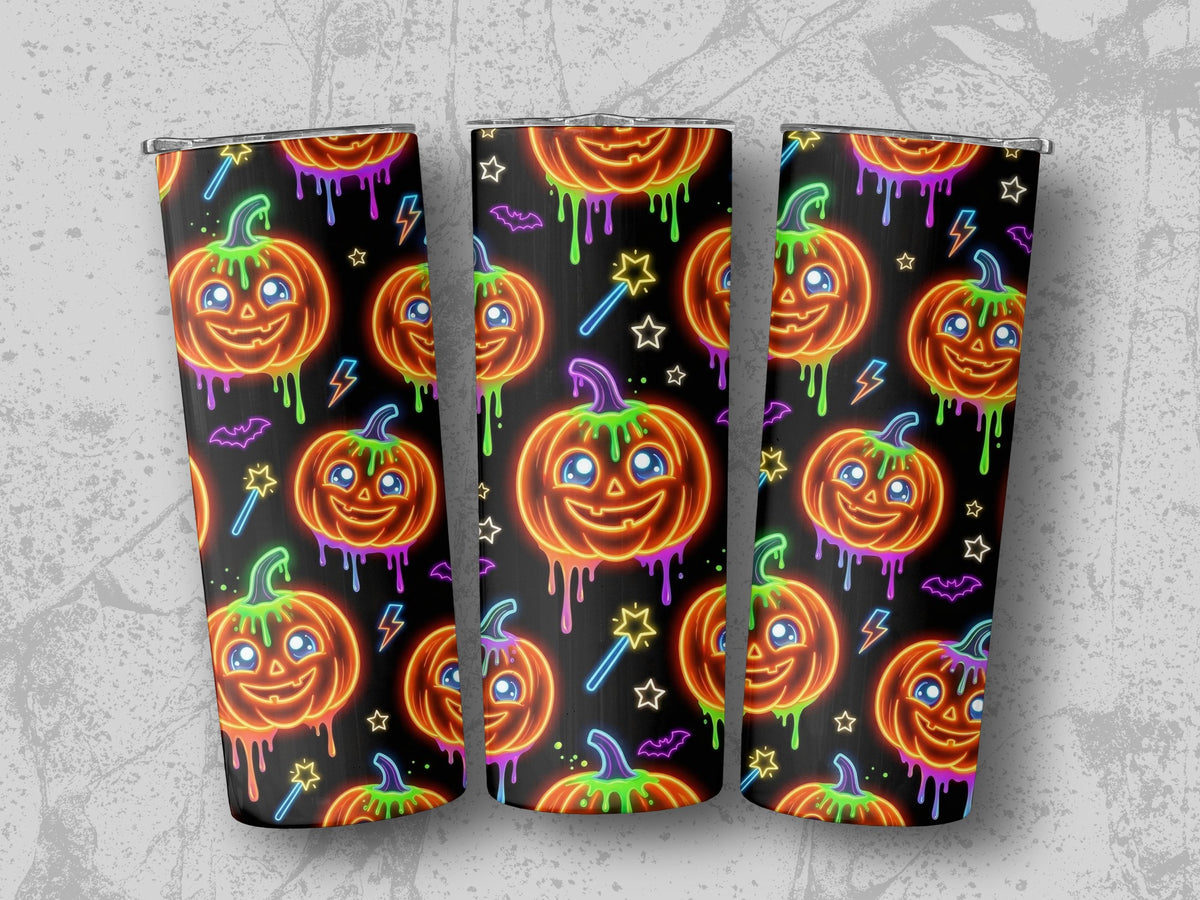 Neon Halloween pumpkins with dripping designs, bats, stars, and lightning bolts.