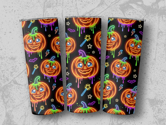 Neon Halloween pumpkins with dripping designs, bats, stars, and lightning bolts.