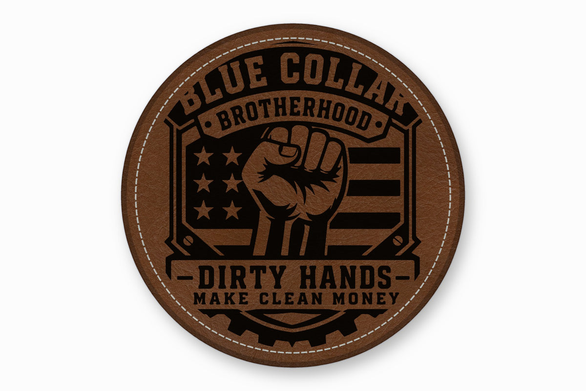 A round brown leather patch features a raised fist over an American flag and text reading Blue Collar Brotherhood.