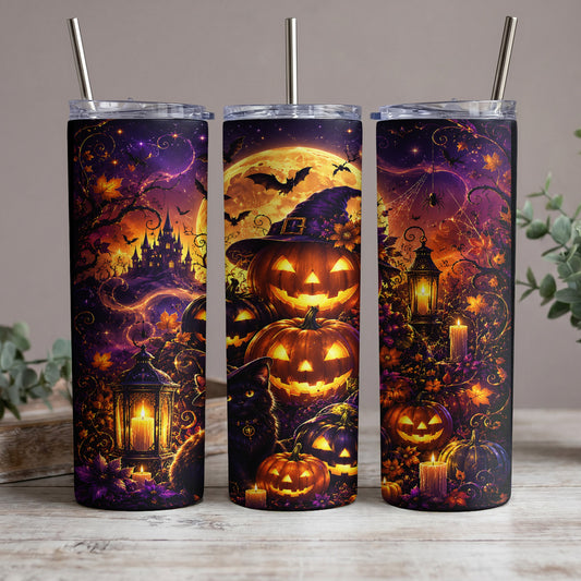 Halloween tumblers with pumpkins, a black cat, and a castle under a full moon.