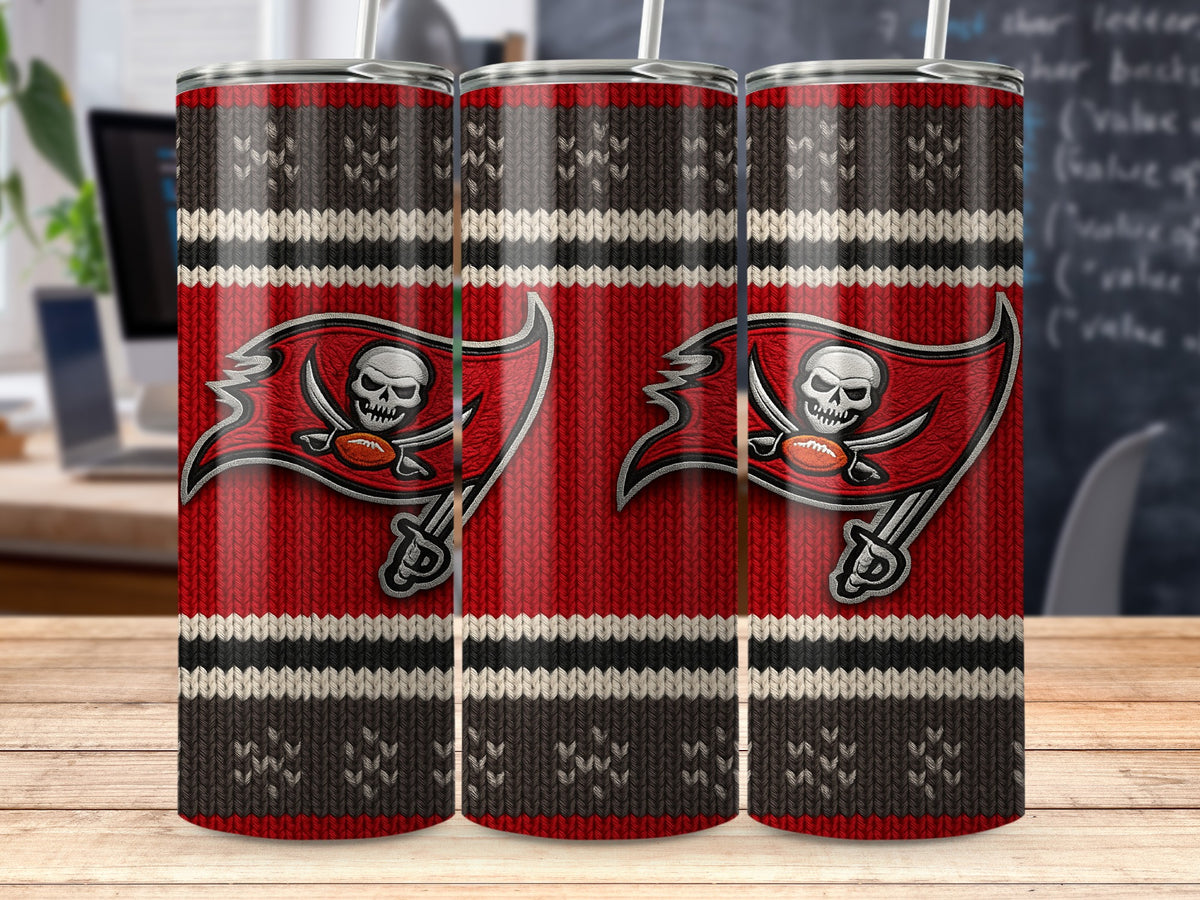 Three Buccaneers-themed tumblers with a knitted sweater design and the team logo.
